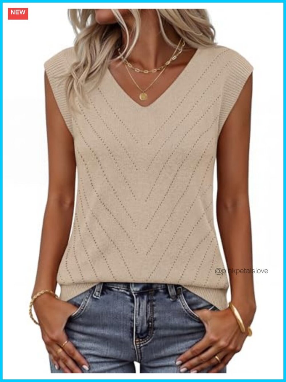 Lightweight Sweater Vest V Neck Eyelet Sleeveless Tank Top